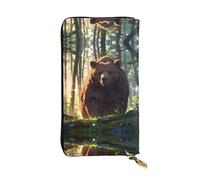 Brown bear in the forest Stylish leather wallet, 7.48 x 4.13 inch long zippered coin purse, convenient travel cash wallet
