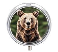 Brown Bear Metal Pill Organizer, 3 Compartment Waterproof Pill Case with Mirror for Purse Pocket Bag, Daily Medicine Vitamin Holder, Portable Travel Med Container(Round)