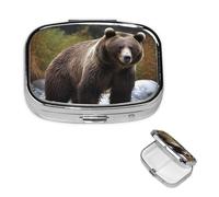 Brown Bear Pill Box 2 Compartment Square Portable Pill Case for Pocket or Purse Pill Holder Weekly Pill Organizer Decorative Metal Medicine Vitamin Organizer Travel Gift