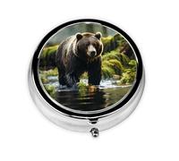 Brown Bear Pounce Round Mini Pill Box with Metal Coating Convenient for Daily Carrying and Business Travel