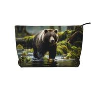 brown bear pounce Women's corduroy cosmetic bag, portable zipper hand-held wallet, suitable for travel and daily storage of cosmetics,
