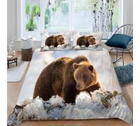 Brown Bear Printed Super King Duvet Cover Set Snowscape Bedding Set Ultrasoft Microfiber Quilt Cover 220x260 cm with Zipper and 2 Pillowcases for Double Bed B.2893