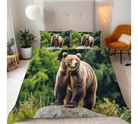 Brown Bear Single Duvet Cover Set Animal Patterns Bedding 155x200 3D Soft Comfort Microfiber Quilt Cover with Zipper Closure and 2 Pillowcases for Kids Teenager A.1661