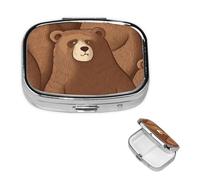 Brown Bear Square Metal Pill Box 2 Compartment Cute Travel Pill Organizer Case Portable Medicine Vitamin Organizer Pill Case for Women Men Travel Unique Gift