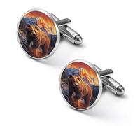 Brown Bear Stream Mountains Sunset Shirt Cufflinks for Men Cuff Links Tie Father Husband Wedding Business 1.7cm