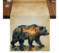 Brown Bear Table Runner, Vintage Misty Green Trees Brown Bear Sunset Yellow Cotton and Table Linen Runner for Kitchen Dining Home Decor for Party Festival Holiday Decoration Gift 13x120in