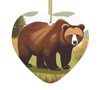 Brown Bear Walking Ceramic Christmas Heart Pendant, The Pottery Piece is Available with Silk Thread
