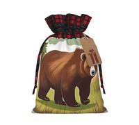 Brown Bear Walking Holiday Printed Drawstring Pouch M For Party, Wedding, And Festival, Lightweight Polyester