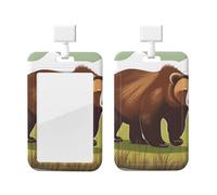 Brown Bear Walking Id Badge Holder with Lanyard-Vertical Card Protector Clear Abs Hard Shell, Retractable Reel for Work Office