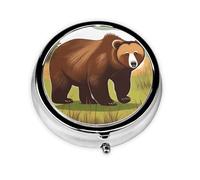 Brown Bear Walking Round Mini Pill Box with Metal Coating Convenient for Daily Carrying and Business Travel
