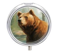Brown Bear Water and Trees Round Pill Box 3 Compartment Medicine Pill Organizer with Mirror Travel Small Pill Case Cute Vitamin Organizer Portable Daily Pill Container for Pocket Purse
