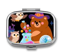 Brown Bear Wizard and Owl Pill Box Travel Pill Organizer 2-Compartment with Mirror Design Portable Square Medicine Case for Vitamins, Jewelry & Essentials Durable Pocket Pillcase for Purse, Camping