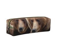 Brown Bears Printed Leather Pencil Case Cute Stationery Organizer Simple Makeup Bag Pen Pouch, Gold Zipper