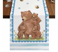 Brown Bears Table Runner, Yellow Flower Bee Blue Border Striped Animal Cotton and Table Linen Runner for Kitchen Dining Home Decor for Party Festival Holiday Decoration Gift 13x70in