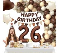 Brown Beige 26th Birthday Decorations, 26th Birthday Decorations for Boys with Brown Felt Happy Birthday Banner/Hat/Pennant Flags, Number Balloons, Brown Cream Balloons, Tablecloth, Cake Topper