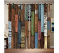 Brown Blackout Thermal Insulated Curtains for Bedroom, 66"W x 72"L Retro Distressed Style Vertical Wooden Planks Eyelet Curtains & Drapes, Soft Black Out 2 Panels for Window Living Room/Kitchen