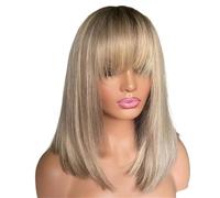 Brown Blonde Highlights Bob Lace Front Wigs with Bangs for Women,Short Wavy Curly Hair for Daily Use Fluffy and Natural(14 inch)