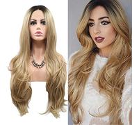 Brown Blonde Lace Front Wigs for Women Realistic Long Wavy Ombre Brown Black Roots Lace Wig Synthetic Glueless Heat Resiatnt Fiber Hair Cosplay Anime Wig 24 Inches