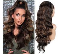 Brown Blonde Long Wavy Ponytail Extension for Women Drawstring Ponytail Extensions Clip in Curly Synthetic Hairpiece 24"(color:Brown mixed gold)
