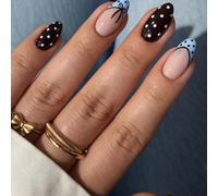 Brown & Blue Contrast Press On Nails with Polka Dot French Tips - Coquette Bow Accent Retro Minimal Chic Almond Shape for Women Various Occasions, 24pc Set Glossy Finish Modern Manicure