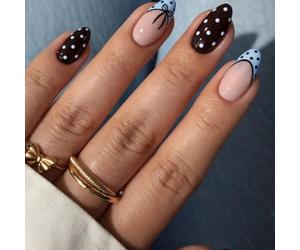 Brown & Blue Contrast Press On Nails with Polka Dot French Tips - Coquette Bow Accent Retro Minimal Chic Almond Shape for Women Various Occasions, 24pc Set Glossy Finish Modern Manicure