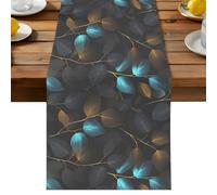 Brown Blue Leaves Table Runner, Vintage Rustic Botanical Branches Organic Texture Cotton and Table Linen Runner for Kitchen Dining Home Decor for Party Festival Holiday Decoration Gift 13x72in