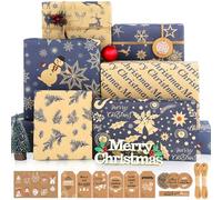 Brown & Blue Vintage Christmas Wrapping Paper Set, 12 Sheets Kraft Paper with 20 Gift Tags, 2 String Rolls, 6 Assorted Nordic Designs (50x70cm) Holiday Packaging