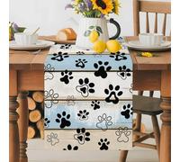Brown Blue Wood Grain Table Runner 18x72 Inches Long Cute Dog Paw Cotton Linen Table Runner Burlap Style for Dinner Table Party Decor Tabletop Decorations