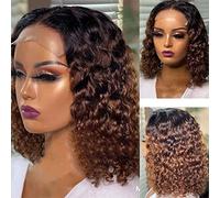 Brown Bob Wigs Short Curly Wigs for Black Women Glueless Wigs Pre Plucked Pre Cut Short Deep Wave Wig HD Lace Afro Short Wig Ladies Synthetic Wig - 14 Inch
