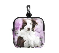 Brown Border Collie Spring Dogs with Flowers, Square Zipper Storage Bag, Neoprene Coin Purse, Small Wallets, Change Pouch, Change Purse