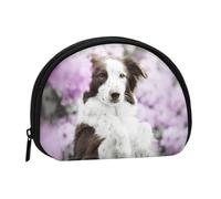 Brown Border Collie Spring Dogs with Flowers, Women's Storage Bag Shell Makeup Bag Small Coin Purse Shell Change Pouch