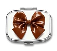 Brown Bow Pill Box - 2 Compartment Travel Pill Organizer with Small Mirror, Portable Pillcase for Pocket & Purse, Cute Square Medicine Case, Weekly Medicine Container