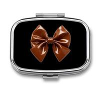 Brown Bow Pill Box Travel Pill Organizer 2-Compartment with Mirror Design Portable Square Medicine Case for Vitamins, Jewelry & Essentials Durable Pocket Pillcase for Purse, Camping