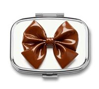 Brown Bow pilldispenser with Mirror 2 Compartments Waterproof PillCase for Purse Pocket Non-Slip Grip Travel Medicine Organizer Container Box for Vitamin Fish Oil Supplement