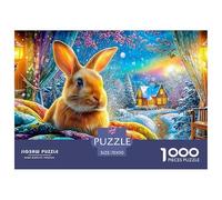 Brown Bunny on Quilt, Snowy Cottage Outside 1000-Piece Jigsaw Puzzle Cute Rabbit Classic Jigsaw Puzzles for All Ages 70x50cm/1000pcs