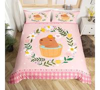 Brown Capybara Bedding Set Cartoon Capybara Bassuper King In Bathtub Comforter Cover Single,Funny Rodent Animal Duvet Cover for Boys Girls Adults,Pink Love Heart Geometric Checkered Bed Set 2 Pcs