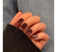 Brown Cat Eye Press on Nails Short Square, SXVME Glitter Glue on Nails Sparkly Shiny Fake Nail Press on With Design, Cute Bling Extra Short Coffin False Nail for Women Small Sizes 30 Pcs