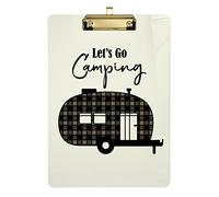 Brown Checker Plaid Grid Camper Car Silhouette Let's Go Camping BeigePlastic Clipboard A4 Letter Size PVC Writing Board with Low Profile Gold Metal Clip Hardboard for School, Office 12.5x9 Inch