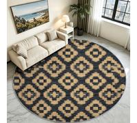 Brown Checkered Round Area Rug 150 cm, Geometric Washable Living Carpet | Warm Tone Non Slip Circular Mat, Soft Low Pile Floor Cover, Stain Resistant Neutral Rug for Coffee Table, Study & Den