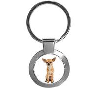 Brown Chihuahua Dog Luxury Round Shaped Metal Keyring In A Gift Box