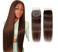 Brown Closure 4x4 Free Part Chocolate Brown 4# Straight Closure Brazilian Human Hair Extensions Preplucked Bleached Knots Sew In Weave Closure For Women 14 Inch