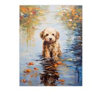Brown Cockapoo And Autumn Leaves In Lake Claude Monet Style Dog Oil Painting Extra Large XL Unframed Wall Art Poster Print Artery8 Multi W24 inch x H32 inch