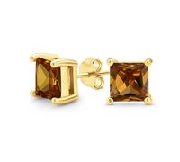 Brown Cognac Square Cubic Zirconia Brilliant Princess Cut AAA CZ Stud Earrings Gold Plated Sterling Silver 7MM
