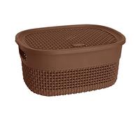Brown Colour 4 LITRE Plastic Storage Box with Lid & Handle Small Oval Shaped Storage Basket 24.5 x 11.3 x 18cm Stackable Nestable ETC Basket Bathroom Kitchen Storage Boxes Knit Design Organiser Box