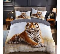 Brown Cot Bed Duvet Cover Set Animal Tiger Toddler Bedding Sets Girls Boys Kids Soft Easy Care Bed Microfibre Quilt Cover 120x150 cm with Pillow Case