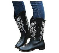 Brown Cowboy Boots Womens Wide Calf Western Cowboy Boots Wide Fit Low Heel Square Toe Mid Boot Comfortable Embroidered Cowgirls Shoes Booties for Women (Black, 5)
