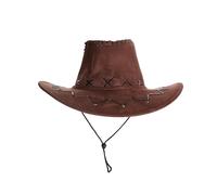 Brown Cowboy Hat - Faux Suede with Cross Hatch Stitching Detail and Draw String - Wide Brim Cowboy Hat Fancy Dress Costume Accessory - Pack of 6