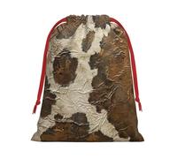 Brown Cowhide Art Print Christmas Drawstring Gift Bags, Xmas Holiday Fabric Gift Wrapping Bag For Party, Size-L