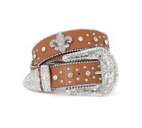 (brown-crown, 105cm(41Inch)) Jasgood Rhinestone Studded Belt For Men Women, Western Leather Belt For Cowgirl Cowboy Vintage Bling