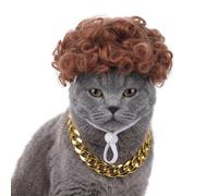 Brown Curly Pet Wig with Gold Plastic Chunky Chain, Fluffy Afro Costume for Small Dogs Cats, Funny Pet Clothes for Halloween Cosplay Party, Adjustable Dog Cat Headwear & Necklace